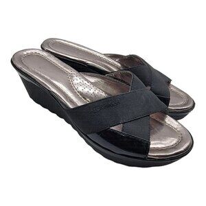 Calvin Klein Womens Sandals Malina Black Silver Wedge Open Toe Sandals Sz 7.5 M